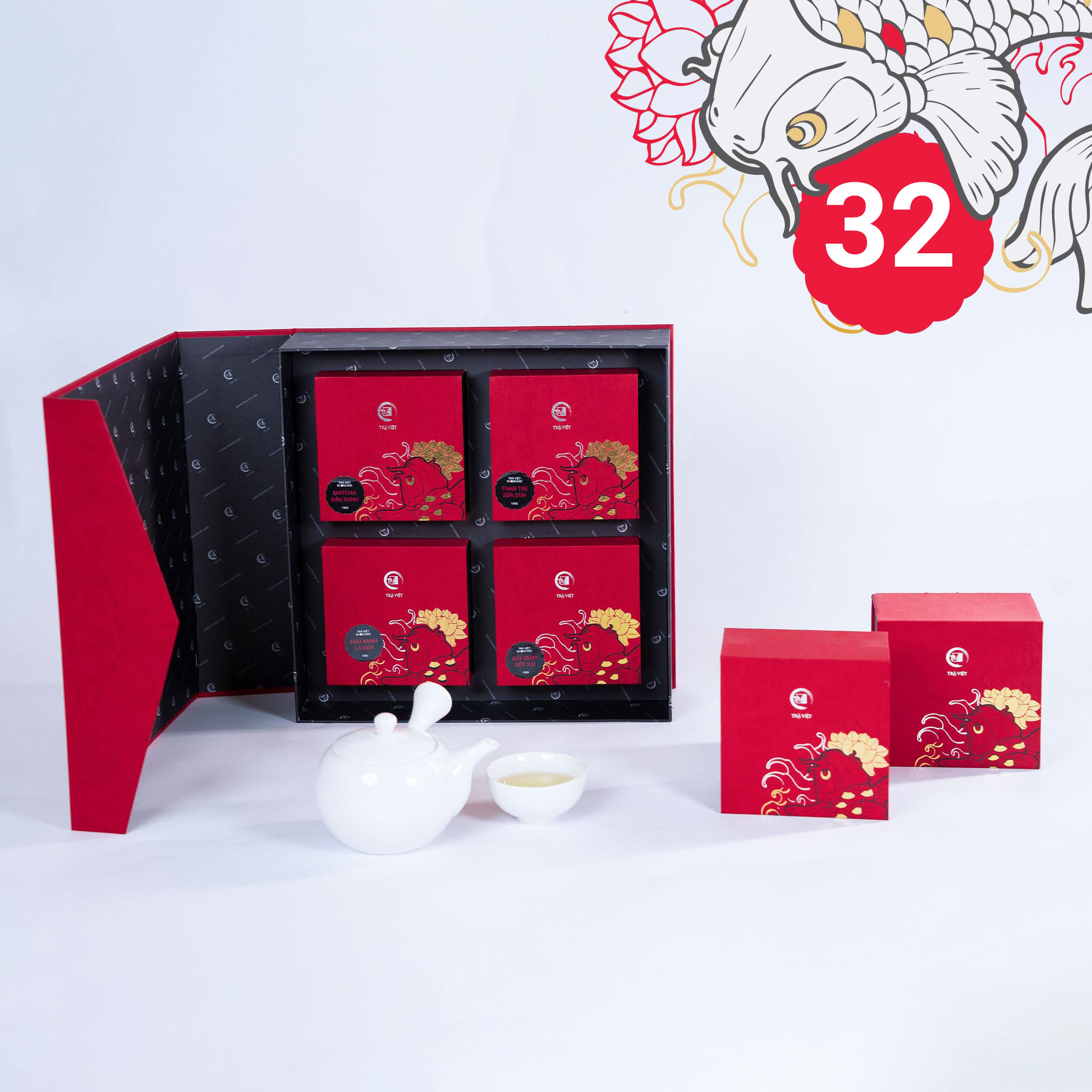 Hộp Bánh Trung Thu 32 - Hồng Trà, bánh Than tre sữa dừa, Bánh đậu xanh, bánh Gà quay sốt X.O