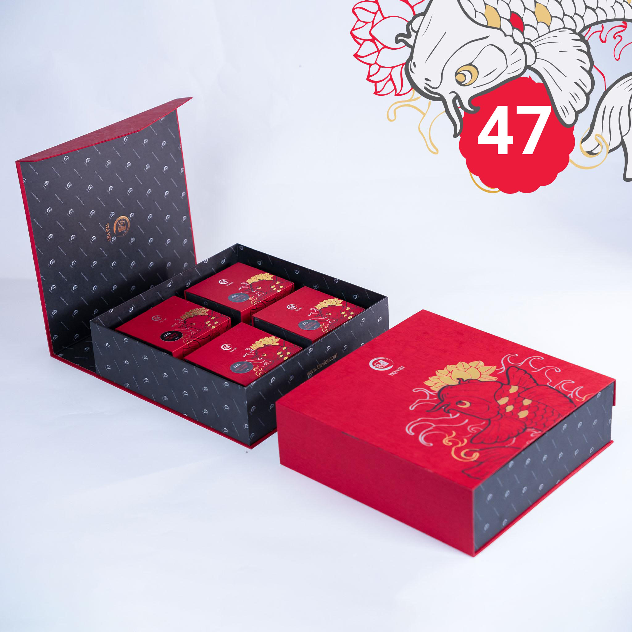 Hộp Bánh Trung Thu 47 - Trà Shan Tuyết, Trà Ô Long Nhân Sâm, Bánh Than Tre Sữa Dừa, Bánh Gà Quay Sốt X.O