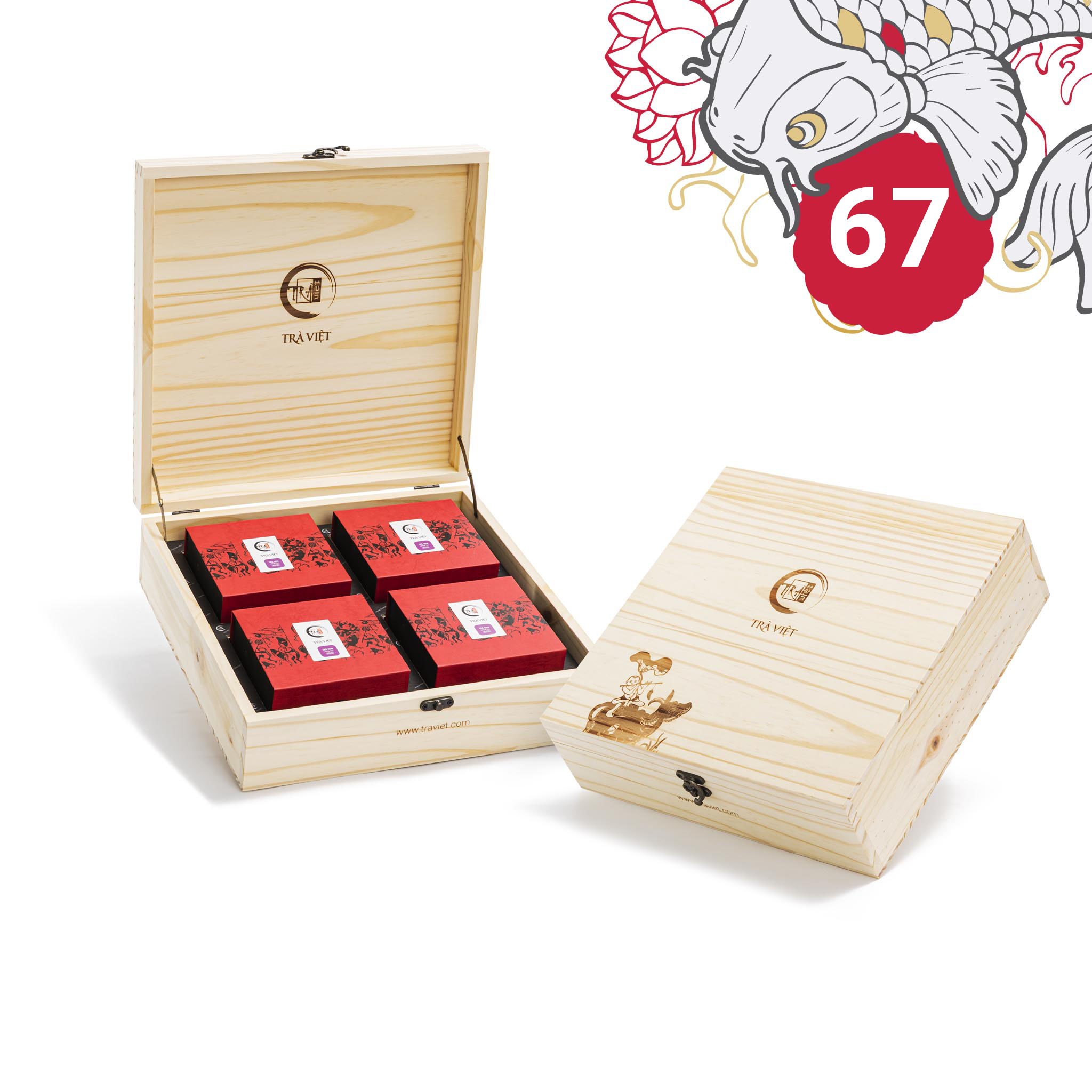 Hộp Bánh Trung Thu 67 - Trà Thiết Quan Âm, Trà Nõn Tôm, Bánh Gạo Đỏ Hạt Sen, Bánh Matcha Đậu Xanh