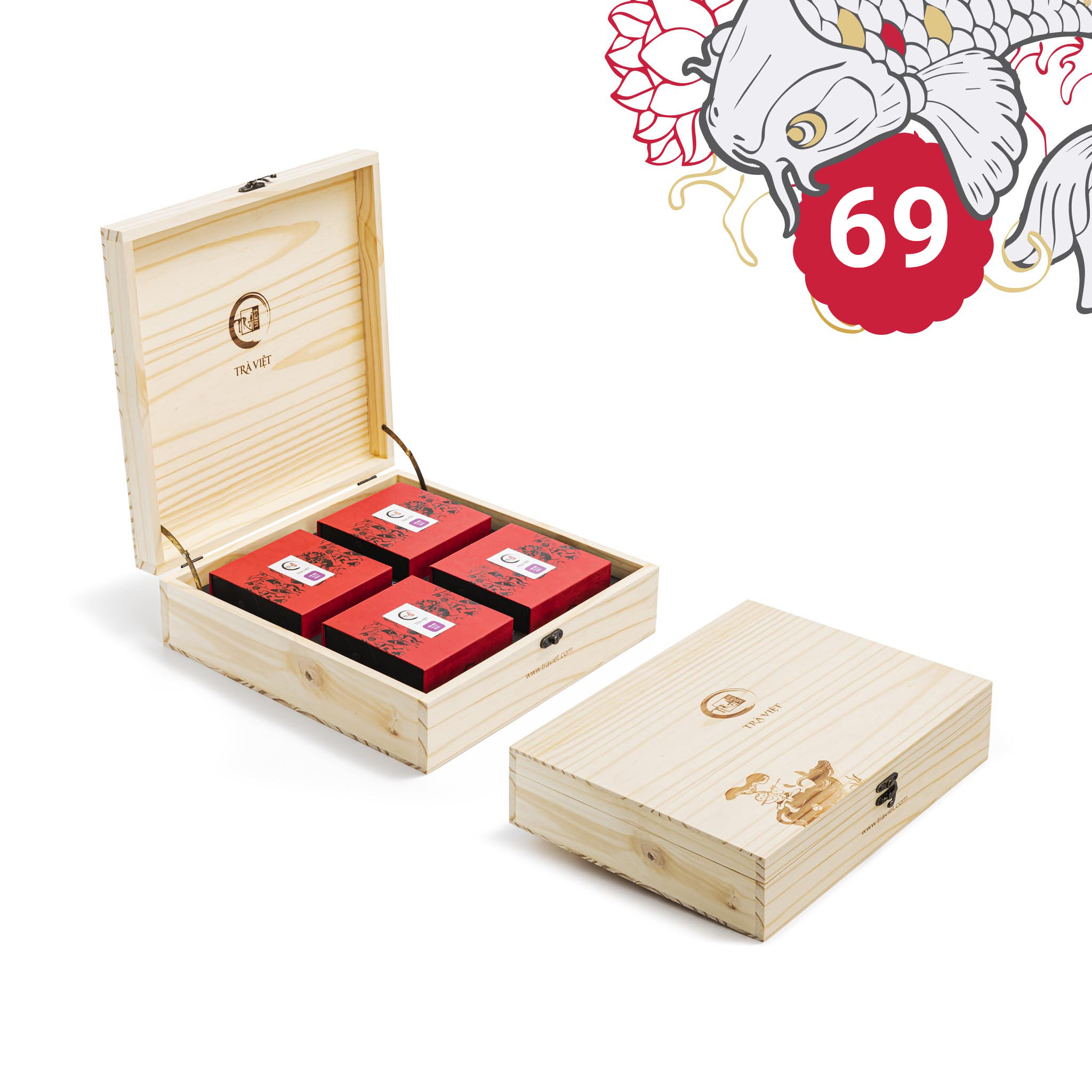 Hộp Bánh Trung Thu 69 - Bánh Than tre sữa dừa, bánh Đậu xanh, Bánh Gạo đỏ hạt sen, bánh Matcha đậu xanh