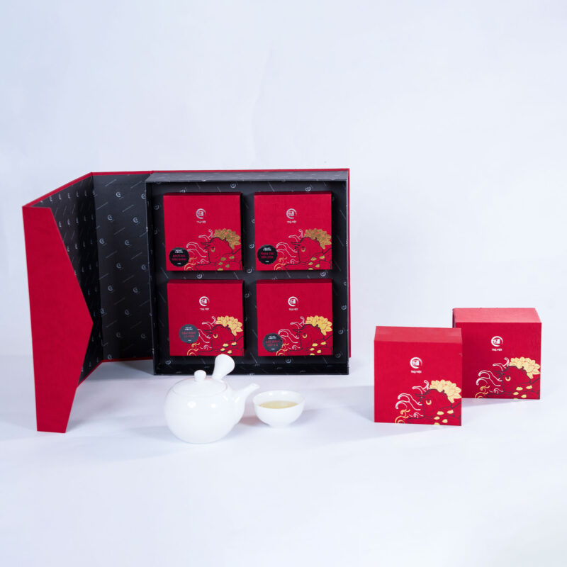 Hộp bánh trung thu cao cấp Trà Việt - hộp thịnh vượng mở nắp có ấm trà