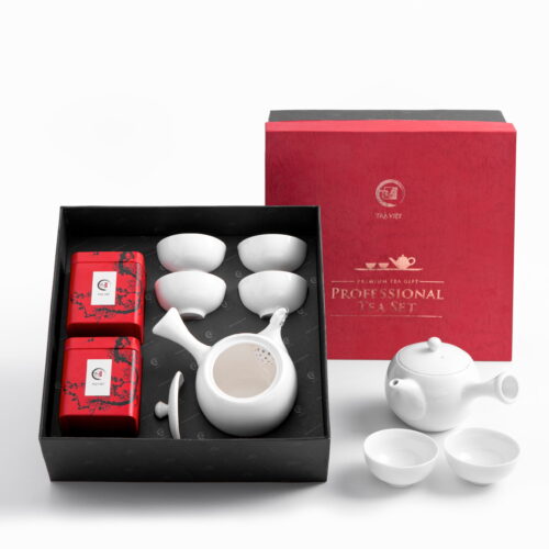 Hộp quà ấm trà sứ trắng tứ ẩm và trà