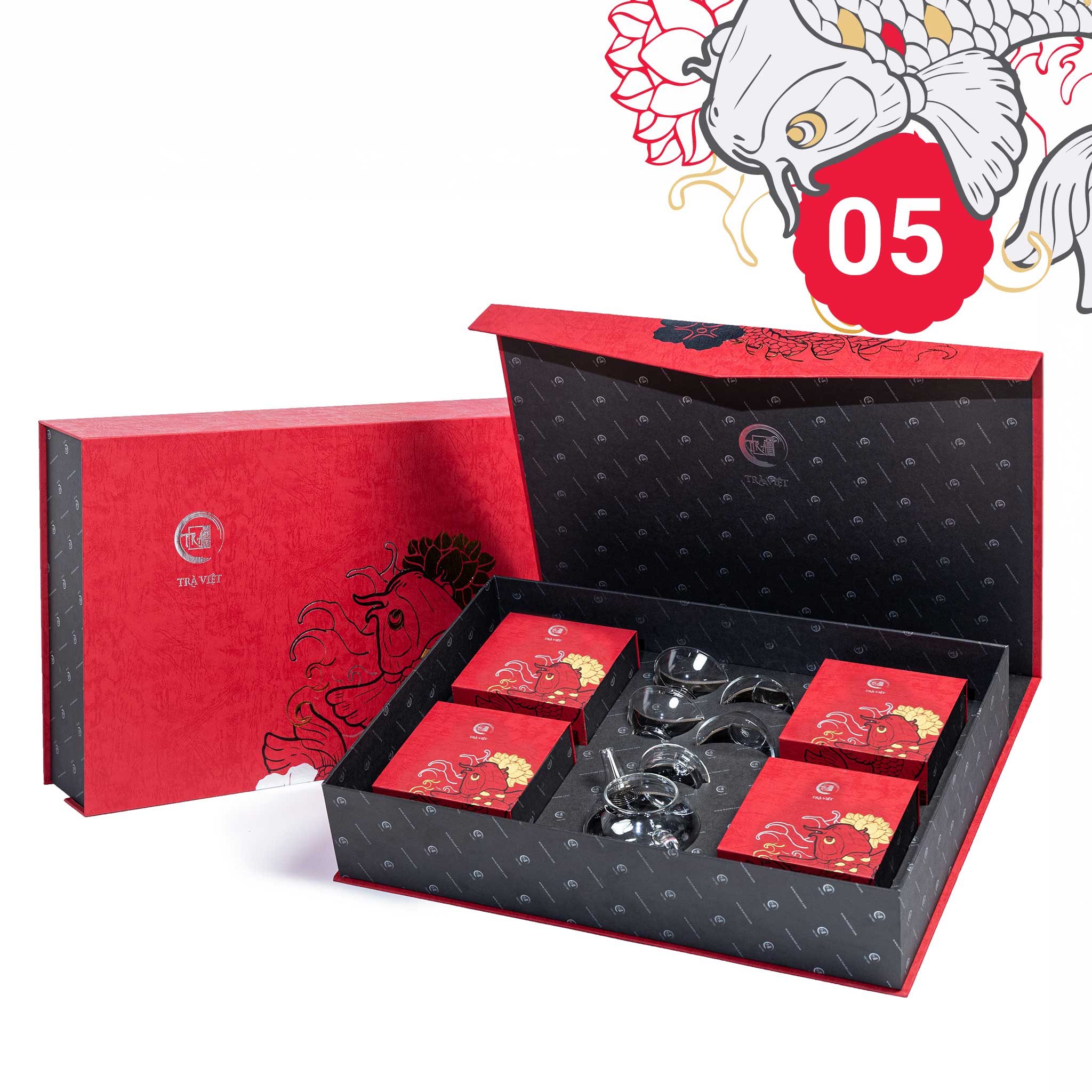 Hộp Bánh Trung Thu 05 - Bộ ấm trà thuỷ tinh, 2 bánh, 2 trà