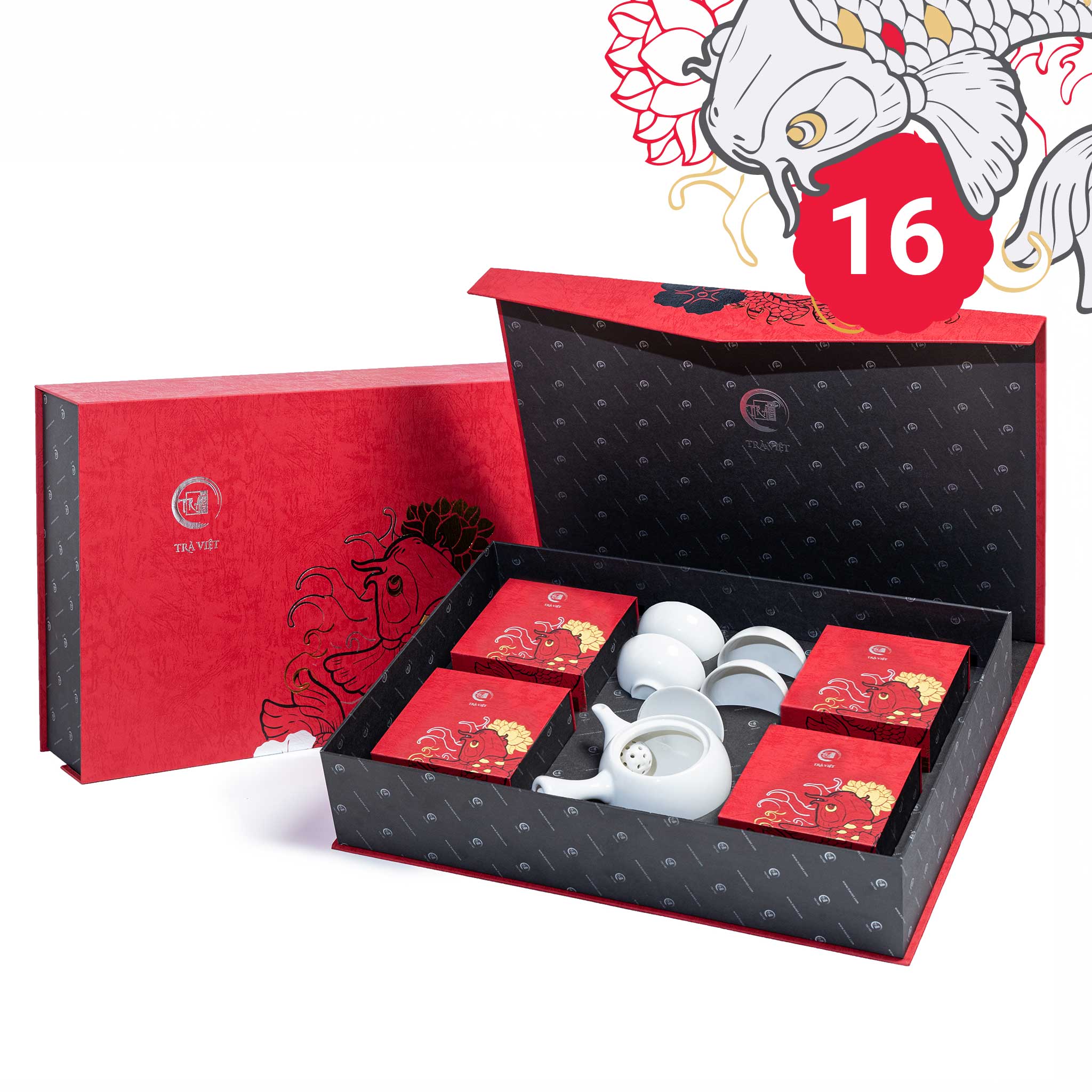 Hộp Bánh Trung Thu 16 - Bộ ấm trà sứ, bánh Gà Quay, Đậu Xanh, trà Sâm Dứa, Cổ Thụ