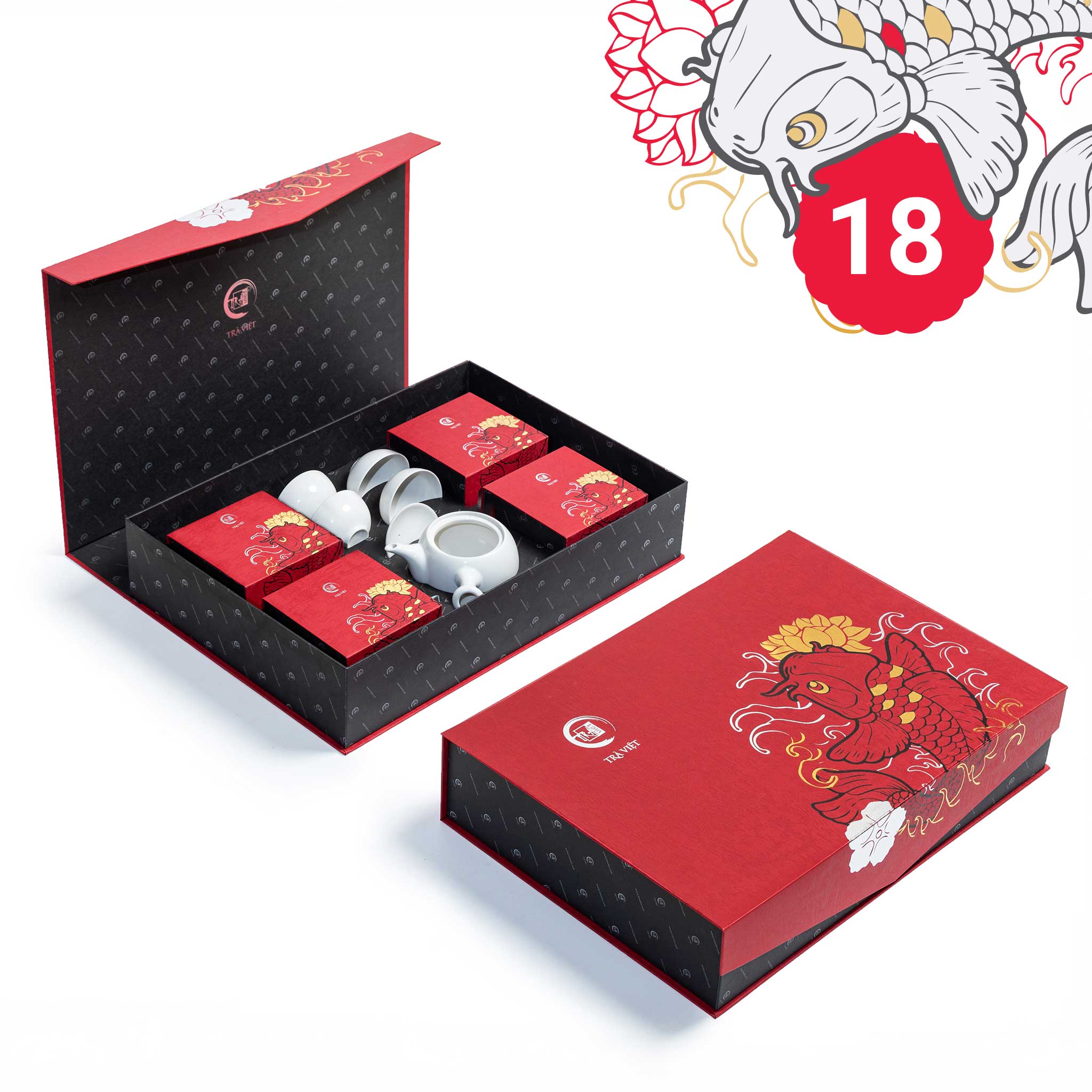 Hộp Bánh Trung Thu 18 - Bộ ấm trà sứ, bánh Than Tre, Gạo Đỏ, trà Nõn Tôm, trà Ô Long