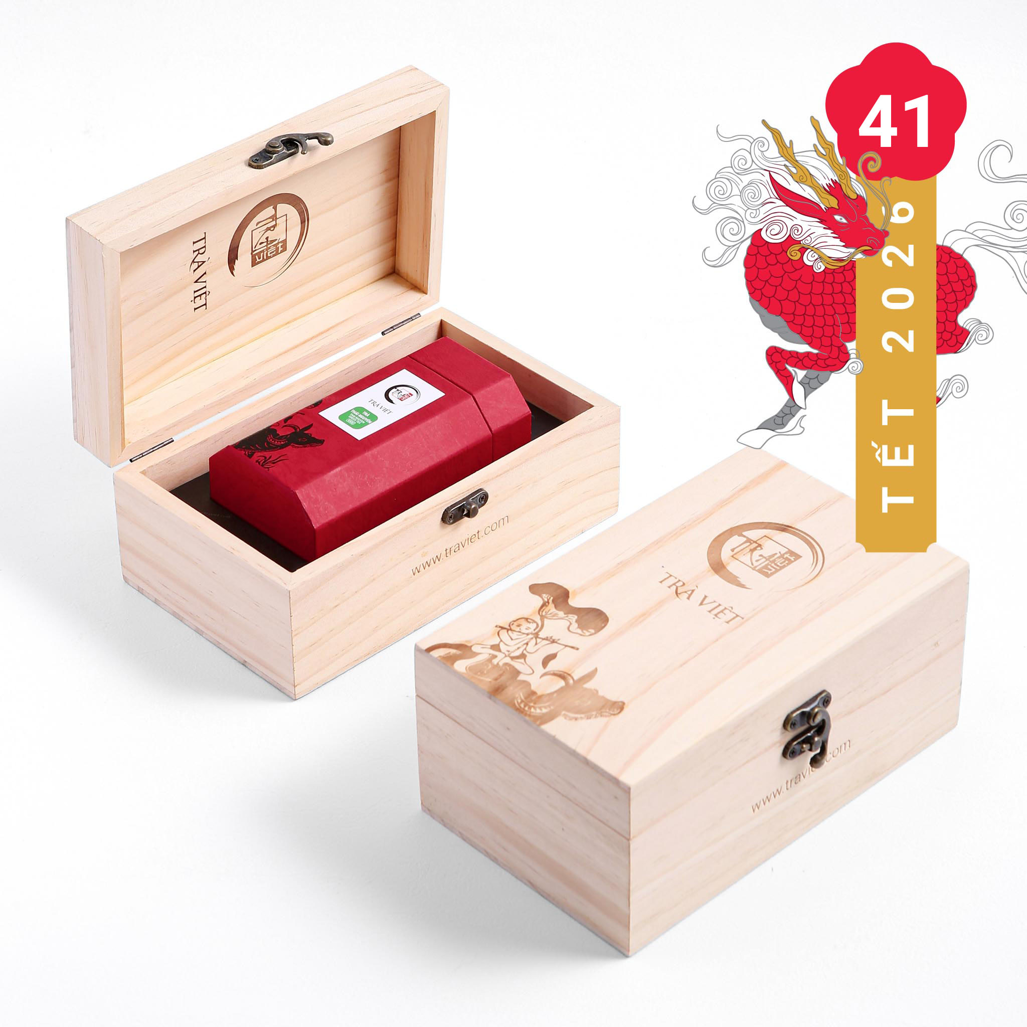 Hộp Quà Tết bằng gỗ sang trọng tặng đồng nghiệp - Trà Việt QT41
