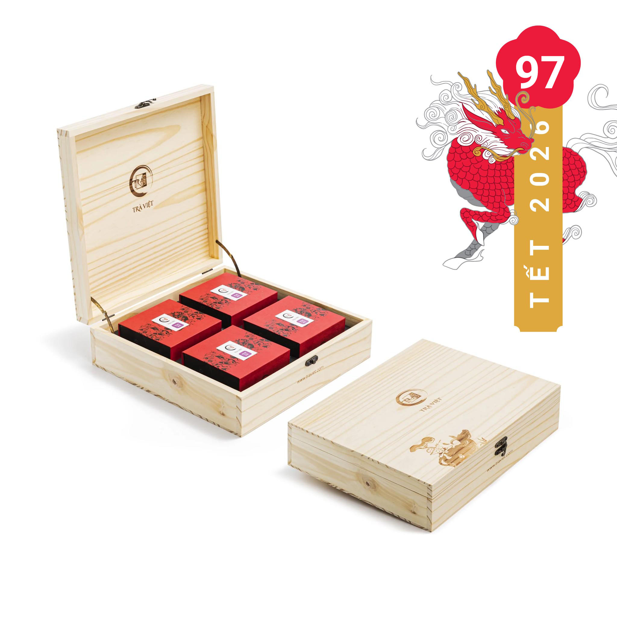 Hộp quà tết Thịnh Vượng bằng gỗ sang trọng - Trà Việt QT97